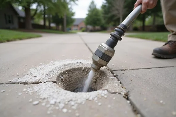 Limestone slurry being pumped beneath a sunken concrete slab