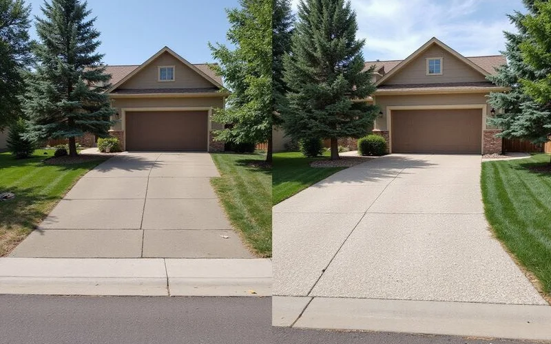 Before and after of a Colorado Springs driveway leveled with limestone slurry