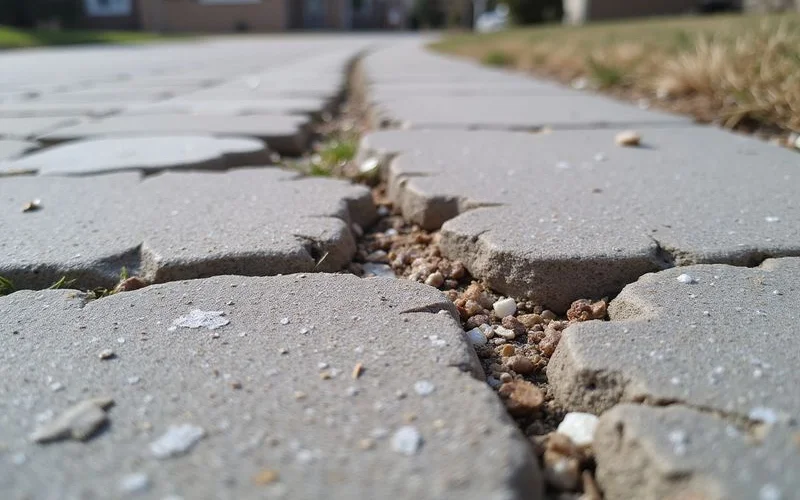 Close up of concrete spalling and surface deterioration caused by freeze-thaw cycles and road salt damage