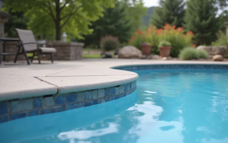 Sunken pool deck panel with raised edge creating barefoot hazard near swimming pool edge