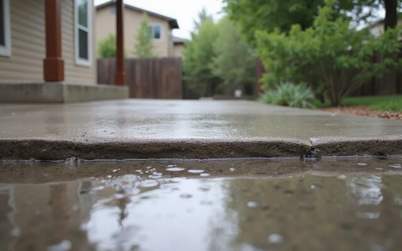 Water pooling on a sunken concrete patio slab with a visible gap near the foundation