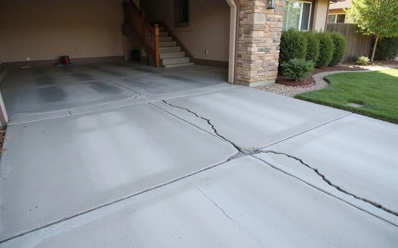 Concrete driveway with visible cracking and uneven sections near a garage entrance
