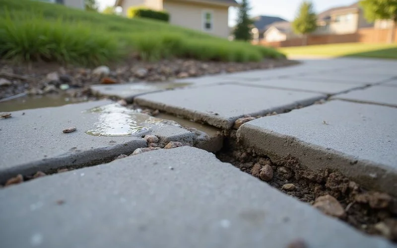 Cross section showing how water enters unsealed concrete joints and erodes soil beneath the slab