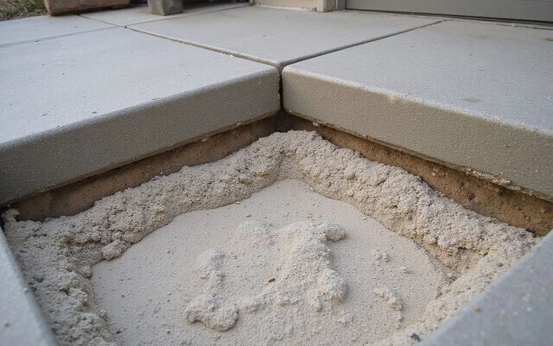 Cutaway view of cured limestone slurry beneath a concrete slab showing dense, uniform material