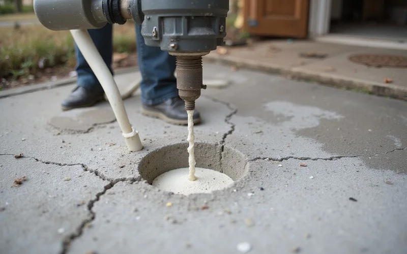 Limestone slurry being injected with concrete slab visibly rising back to level