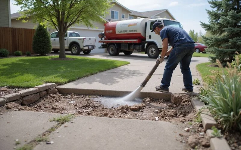 Limestone slurry pump filling voids beneath a sunken driveway slab in a Colorado Springs neighborhood
