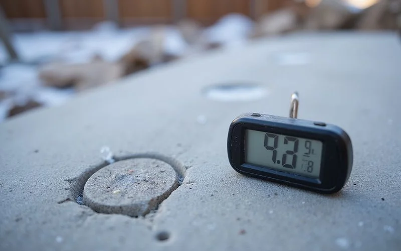 Temperature gauge next to freshly leveled concrete in cold Colorado conditions