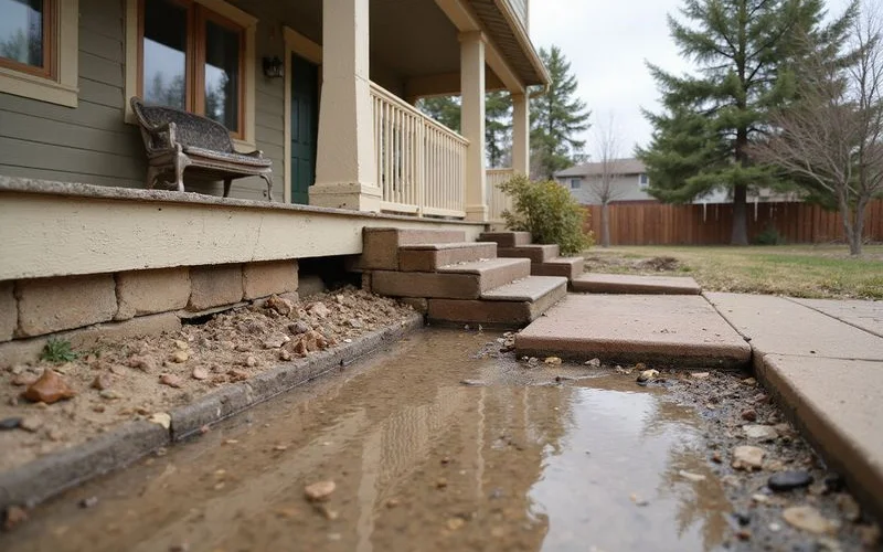 Visible gap between sunken front porch and house foundation allowing water infiltration