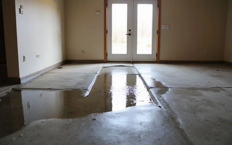 Water pooling on sunken garage floor near interior door showing reversed drainage problem