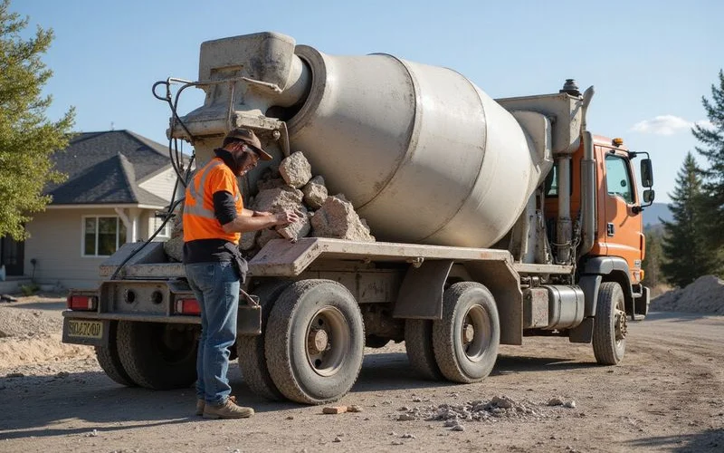 Worker mixing crushed limestone and cement slurry at a Colorado Springs job site