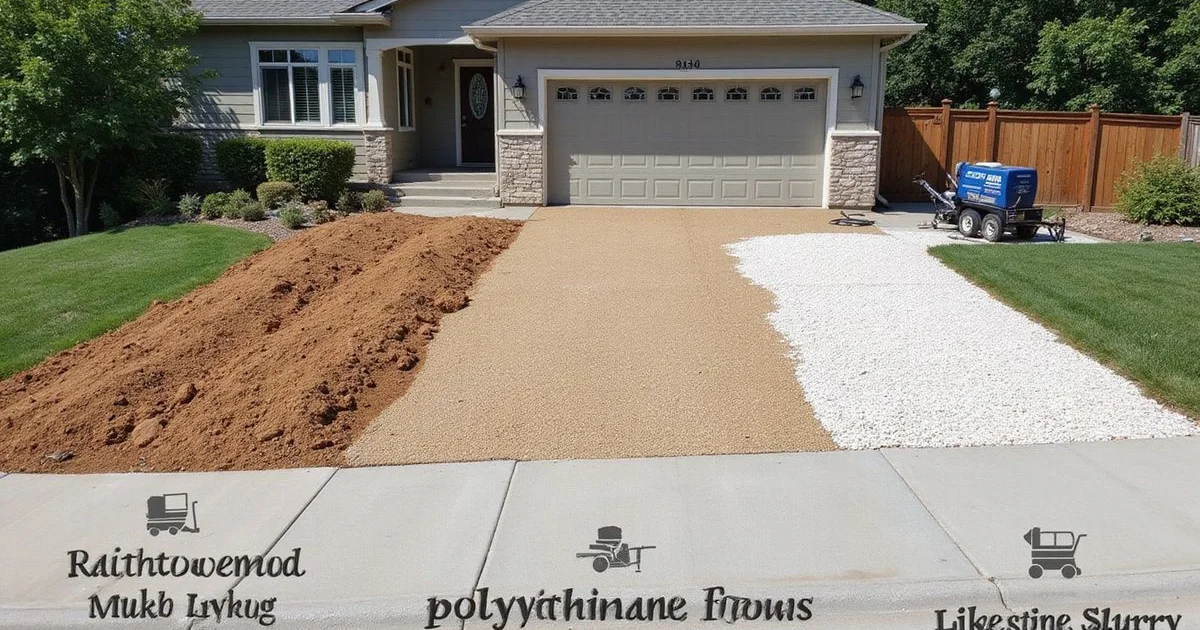 Comparison of three concrete leveling methods showing mudjacking, foam, and limestone slurry techniques